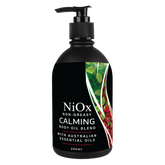 Niox non greasy Calming Body Oil Blend with Australian essential oils. 200ml Matt Black bottle with black lockable pump.  bottle is wrapped in a label with blood flow image indicating natural ingredients in healthy blood cells.